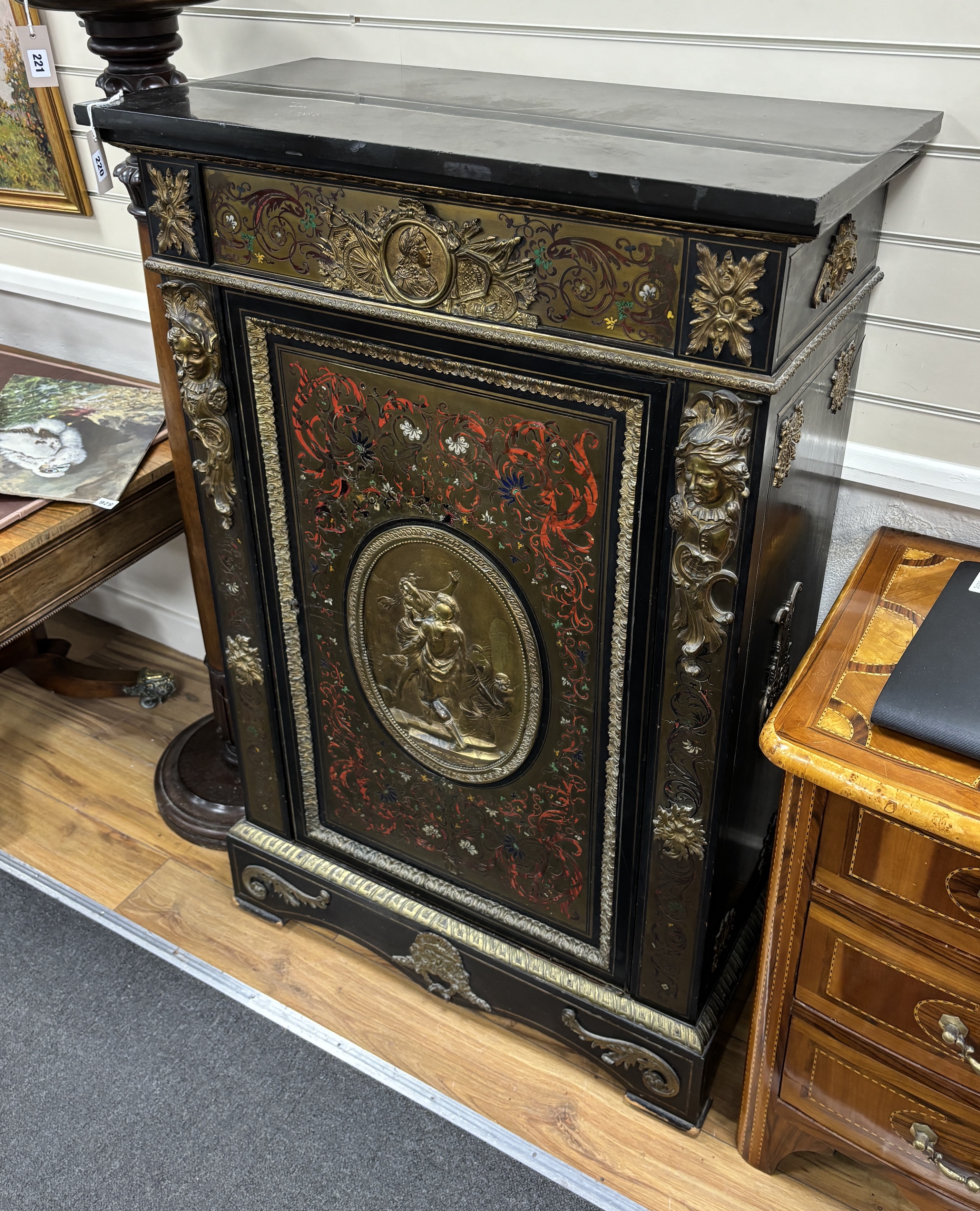 A 19th century Louis XIV style polychrome boullework pier cabinet, restoration, width 86cm, depth 43cm, height 130cm